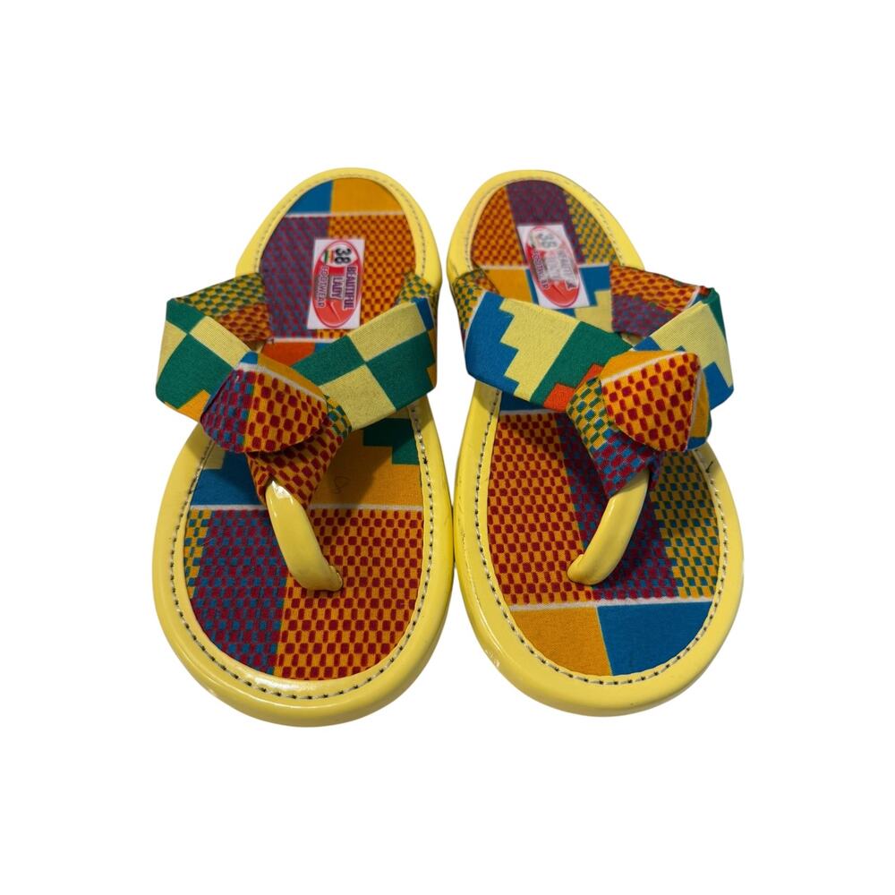 African Kente Print Flip Flop Sandals Women’s 38/7.5-8 Bow Thong Slides NEW